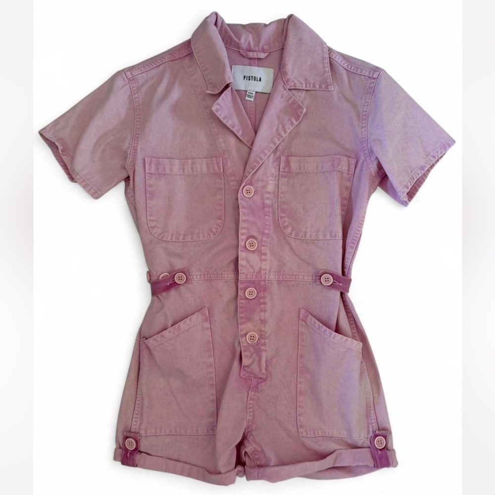 Pistola Parker short-sleeve denim romper in Aurora Pink Acid